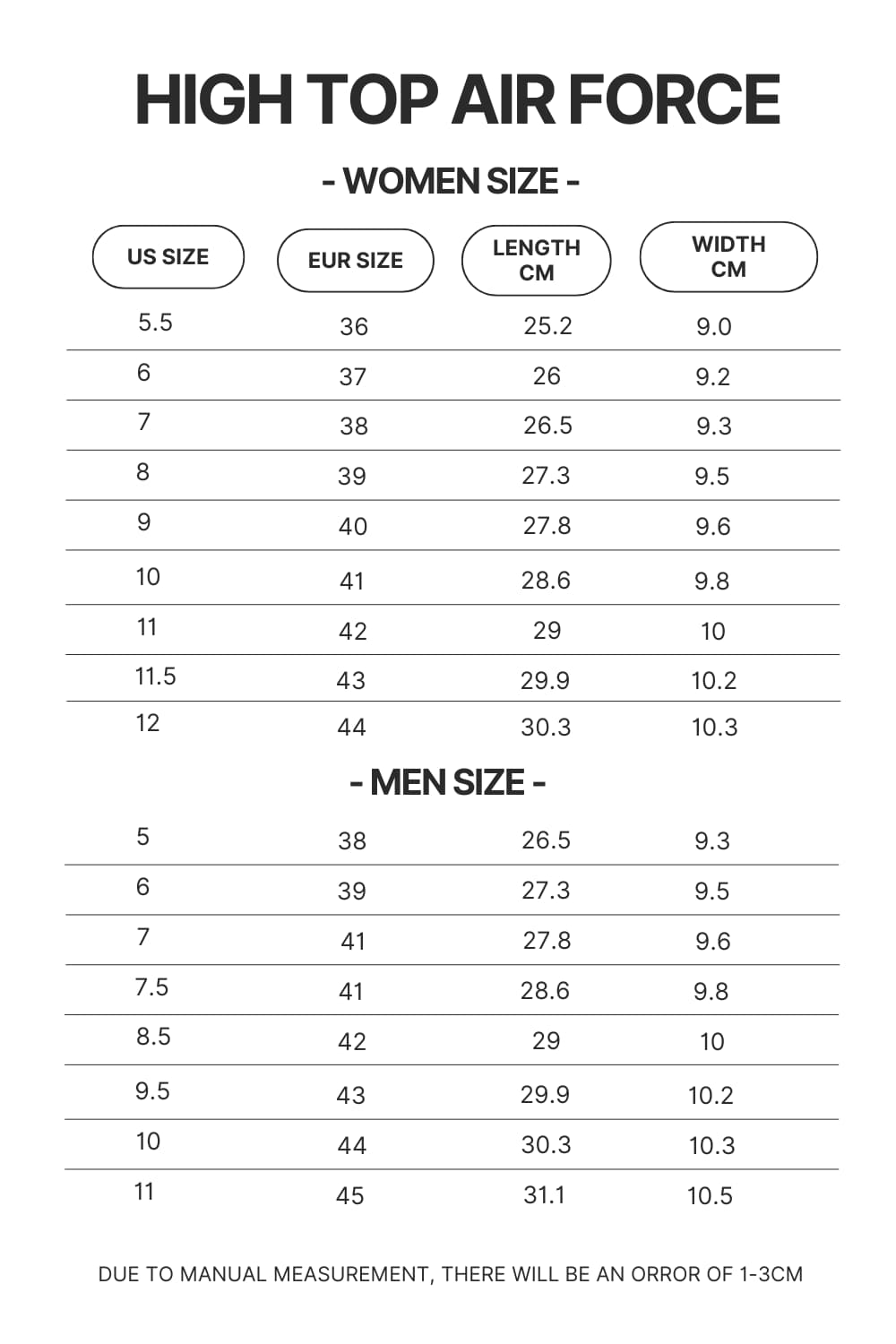 High Top Air Force Shoes Size Chart - One Piece EU Store