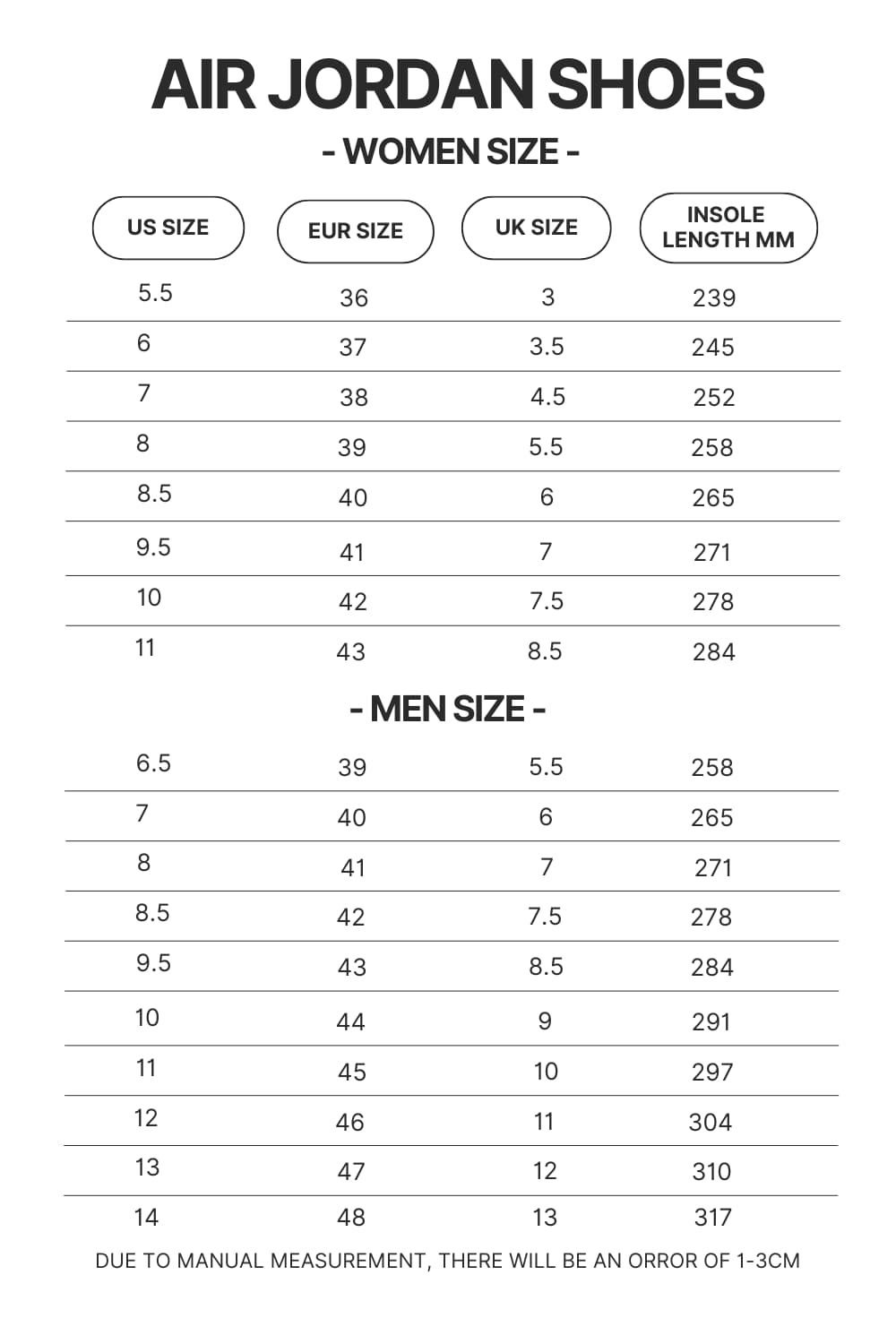 Air Jordan Shoes Size Chart - One Piece EU Store
