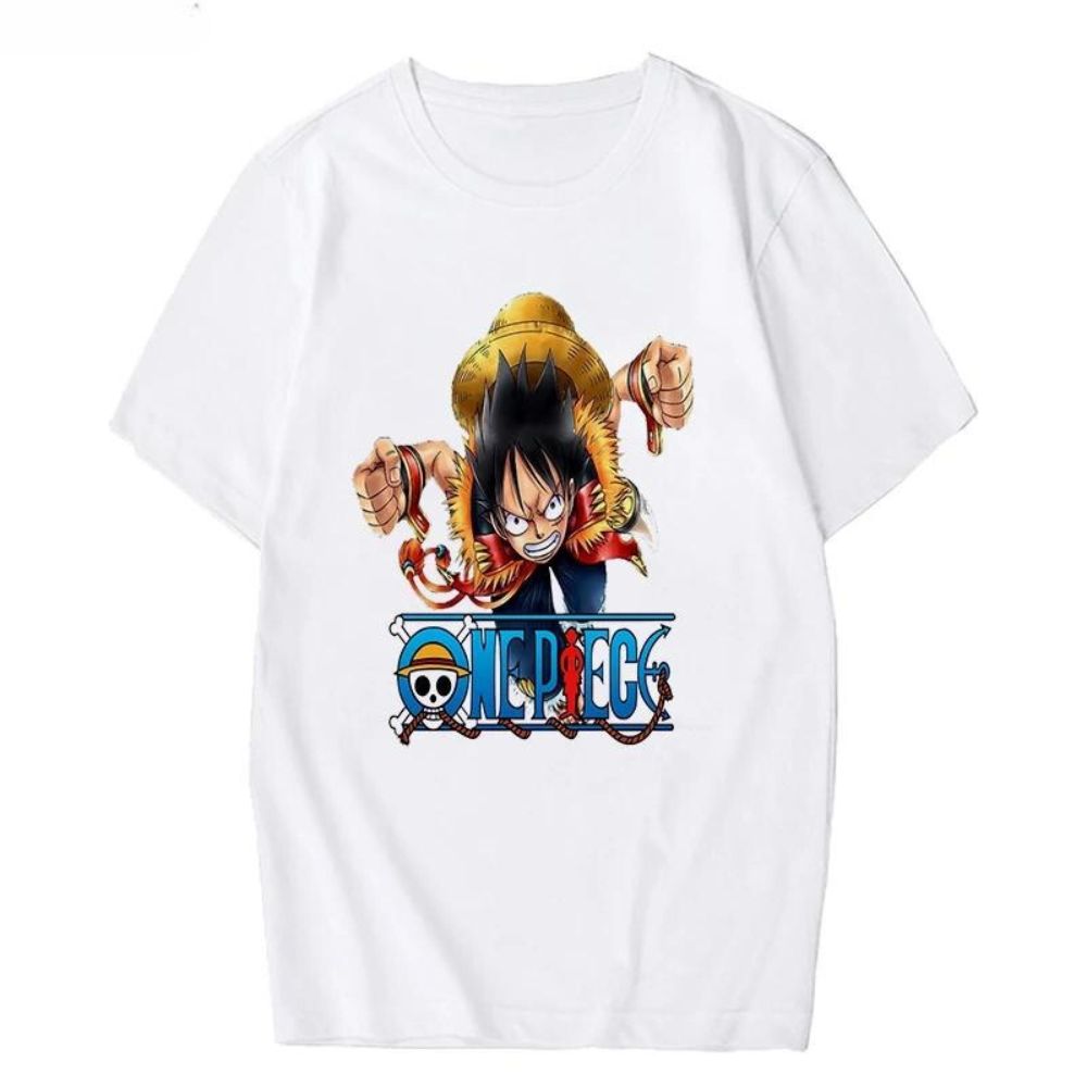 One Piece Cartoon Luffy And Text Logo T-Shirt