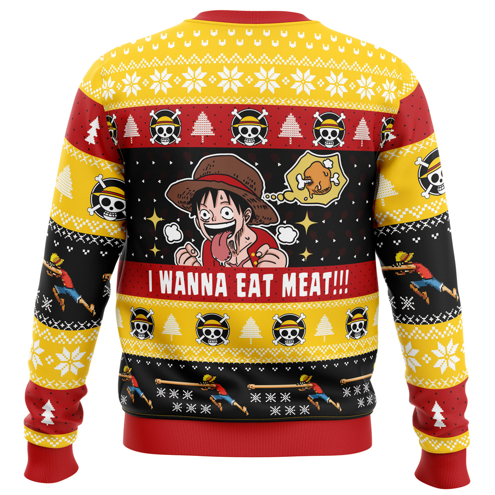 I Want To Eat Meat Luffy One Piece Ugly Christmas Sweater - Image 2