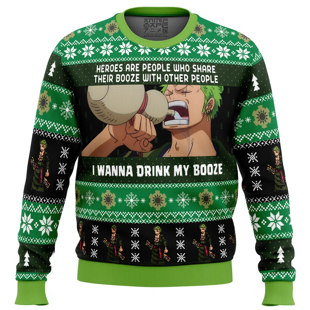 I wanna drink my booze Zoro OP Ugly Christmas Sweater FRONT mockup - One Piece EU Store