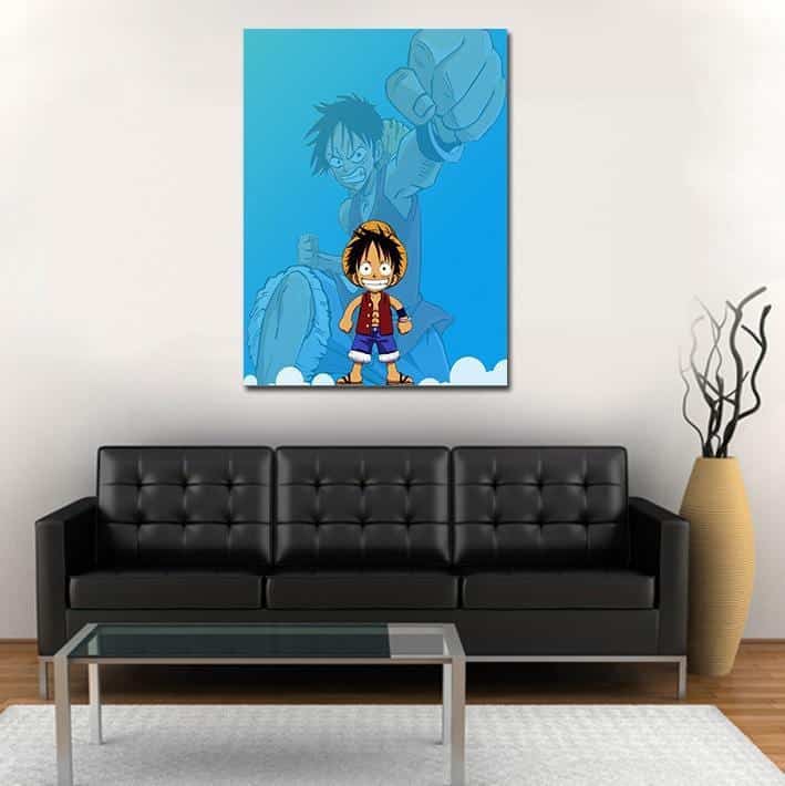 One Piece Chibi And Adult Straw Hat Luffy Blue Wall Art