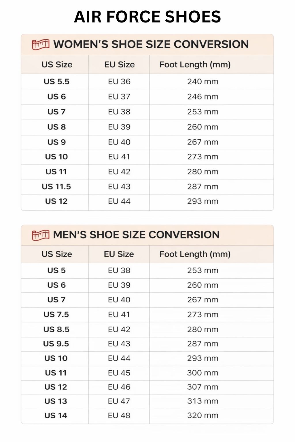 Air Force Shoes Size Chart 1 - One Piece EU Store
